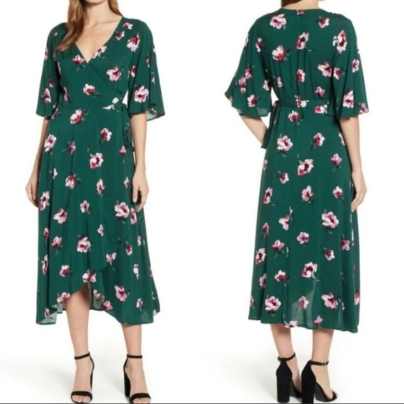 bobeau Dresses Green Floral Wrap Midi Dress Low Cut Poshmark